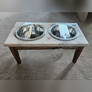 Pink Marble and Wood Elevated Pet/Dog Feeder with Stainless Steel Bowls